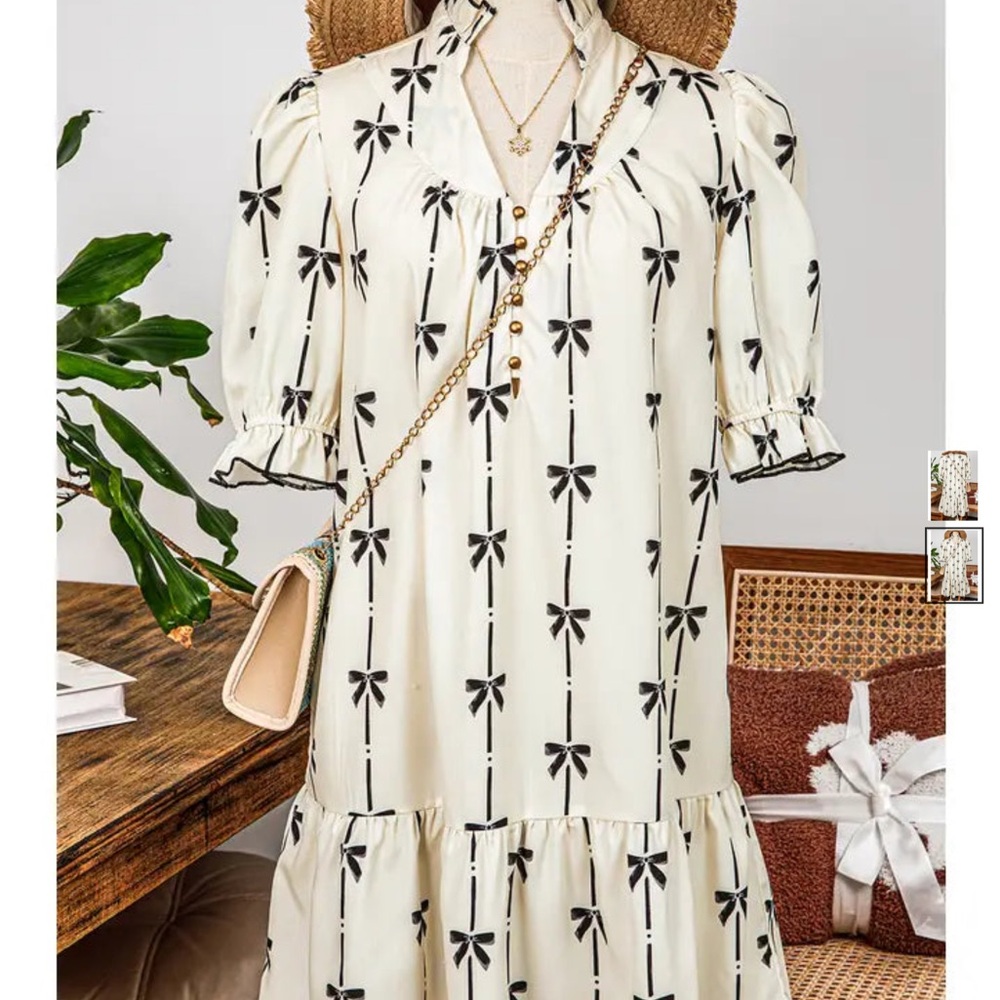Elegant Cream and Black Bow Print Dress